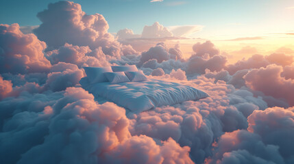 Serene Slumber: Bed on a Cloud Against Blue Sky
 - obrazy, fototapety, plakaty