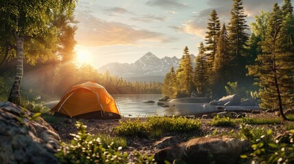 A tent pitched up next to a body of water. Ideal for outdoor adventure concepts - obrazy, fototapety, plakaty