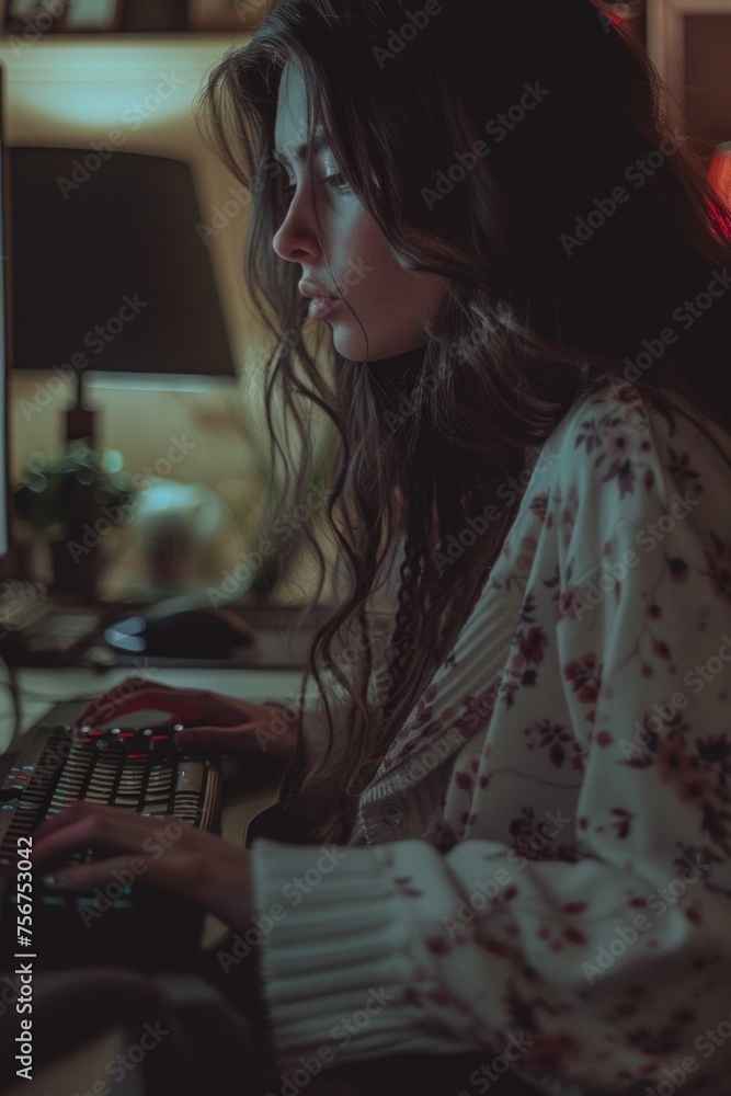Poster A woman sitting in front of a computer keyboard. Can be used for technology concepts