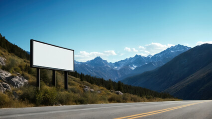 Blank Mockup, empty template. Sturdy billboard mockup standing tall amidst majestic mountains, capturing the adventurous spirit.