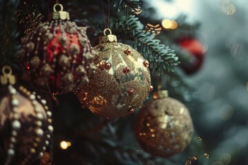 Detailed view of Christmas tree decorations, suitable for holiday concepts