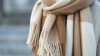 Beige and white scarf with fringes, made of cashmere fabric. Beige is a popular color this year. A fashionable look for the autumn and winter season. - obrazy, fototapety, plakaty