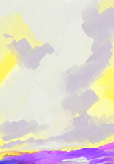 Impressionistic Cloudscape Landscape w/Large Cloud over hills, valley, meadow, grassland, pasture, pastureland, Digital Painting, Art, Artwork, Design, Illustration, w/ Canvas Texture in Yellow Purple