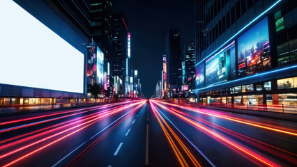 Blank Mockup, empty template. Neon-lit billboard mockup in a dynamic night city, with light trails from passing cars creating a lively scene.