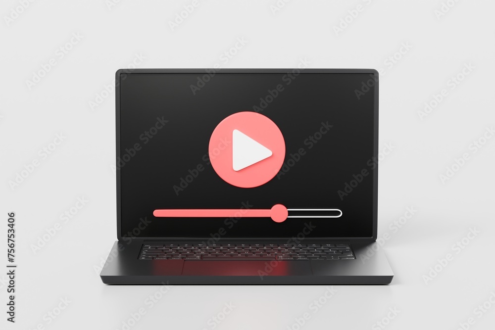 Poster 3d laptop with social media live streaming or entertainment in browser icon symbol on isolated white