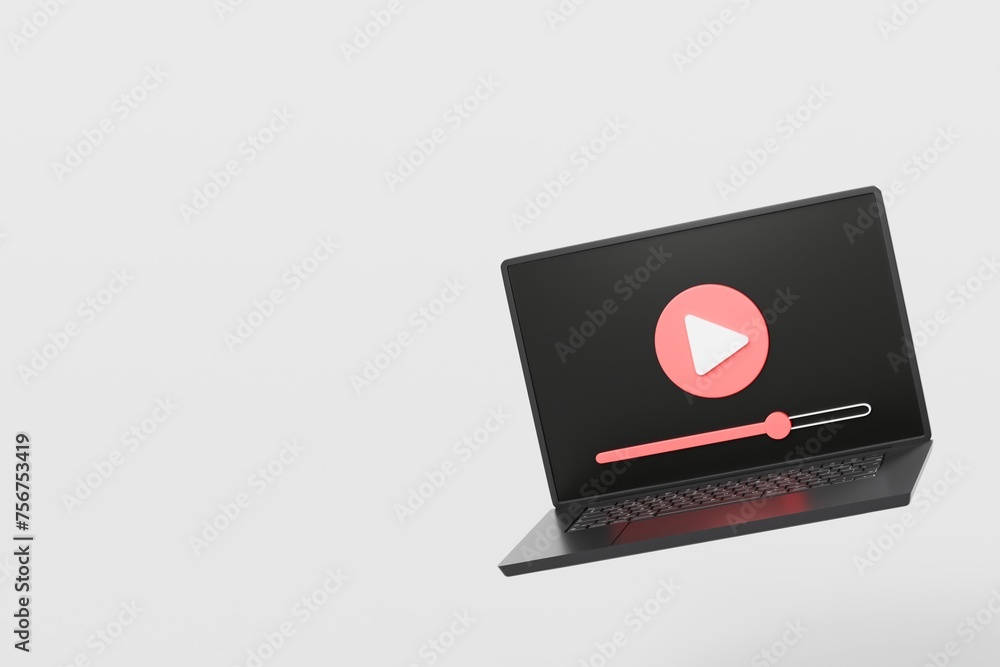 Poster 3d laptop with social media live streaming or entertainment in browser icon symbol on isolated white