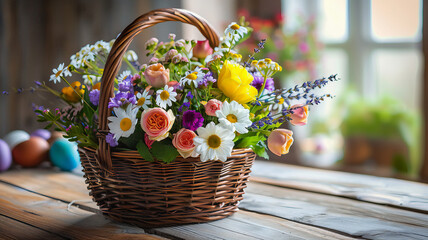 Uma linda cesta de flores coloridas em cima da mesa