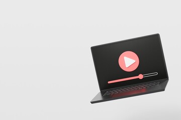 3d laptop with social media live streaming or entertainment in browser icon symbol on isolated white background. Social media online playing cinema video on web browser display concept. 3d rendering.