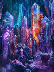 Digital painting of A realm of sentient crystals each containing the memories and emotions of past civilizations.