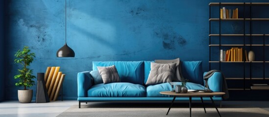 Modern living room interior design with blue wall texture background