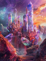 Digital painting of A realm of sentient crystals each containing the memories and emotions of past civilizations.
