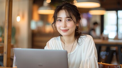 woman in cafe, Very beautiful and cute Japanese woman smiling and sitting at an open laptop on a table in a cafe with soft lighting, wearing white casual attire. She is looking directly at the camera.
