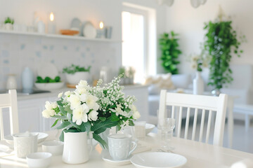 Spring-themed dinner table in white kitchen with fresh white flowers as vertical background image