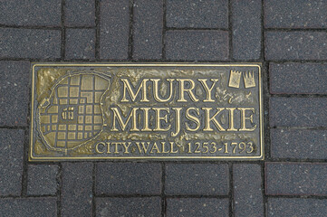 Mury Miejskie City Wall Sign in the street in Poznan stary rynek, Poland
