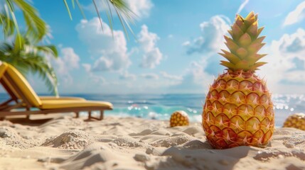 Obraz premium Fresh pineapple on sandy beach near ocean, perfect for tropical vacation concept