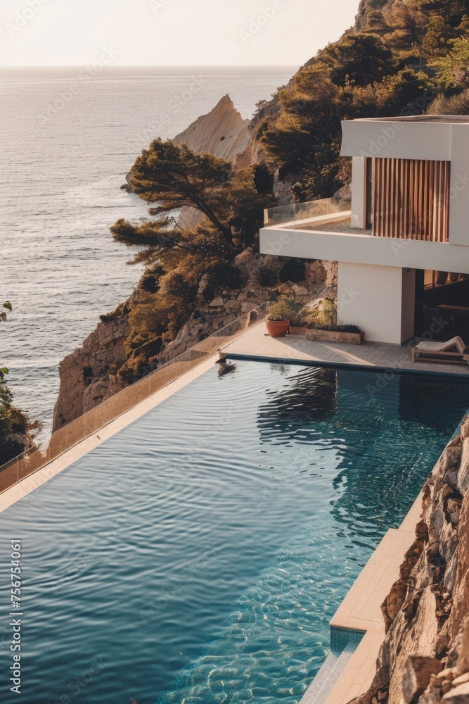 Poster a serene swimming pool located next to a cliff. ideal for travel and leisure concepts.