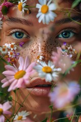 A woman with freckles surrounded by a beautiful array of flowers. Perfect for beauty or nature concepts