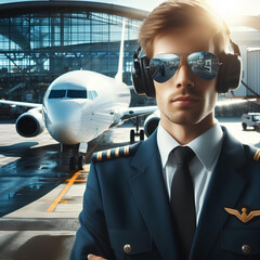 pilots of a passenger plane on a blurred background of the airpor