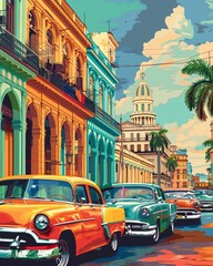 Illustrate a lively street in Havana