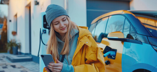 Young Woman Using Smartphone Waiting While Her Electric Car Charging in Charging Station, Sustainable and Economic Transportation. Generative AI