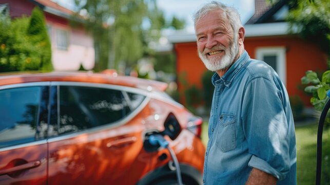 Smiling Senior Man Charging His Electric Car at Home Charging Station, Sustainable and Economical Transportation Concept. Generative AI - Powered by Adobe