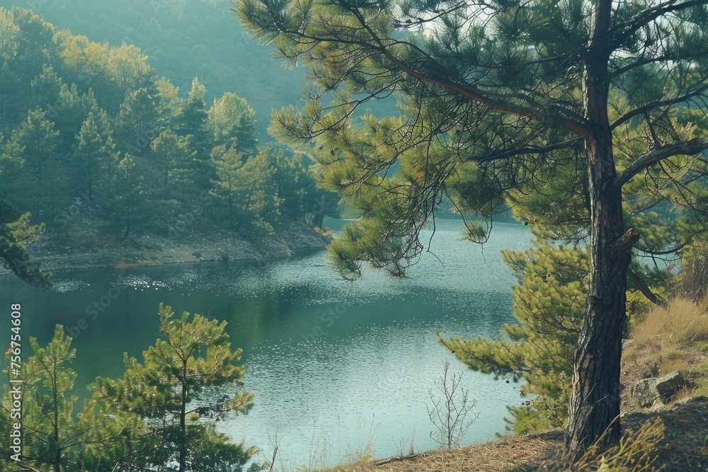 Poster A scenic bench overlooking a tranquil lake. Ideal for nature and relaxation concepts