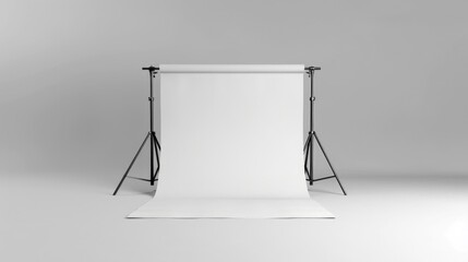A photo studio with a white backdrop and black tripod stands. Ideal for professional photography projects