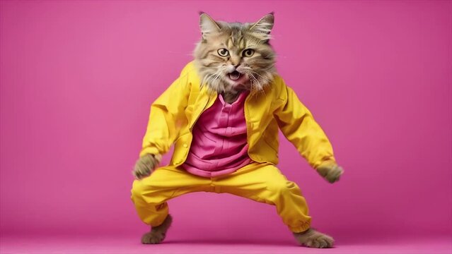 Crazy cat in yellow pink clothing is screaming on pink background.