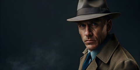 Promotional Poster Featuring a Male Detective in Fedora Hat and Trenchcoat. Concept Detective, Fedora Hat, Trenchcoat, Promotional Poster, Male Portrait