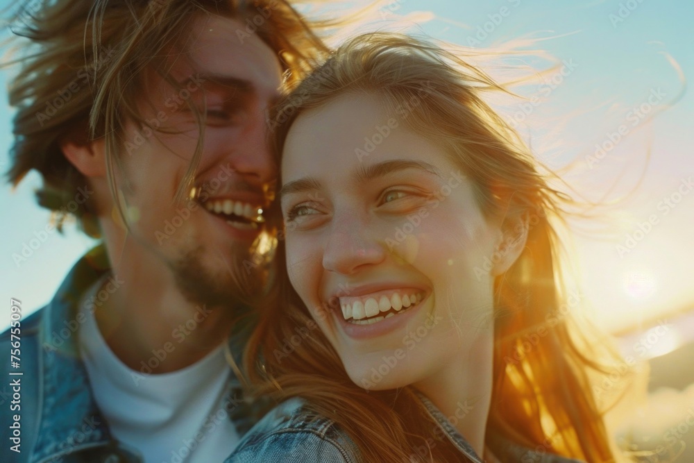 Poster a man and a woman smiling at the camera. suitable for various projects