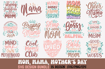 Mom happy mother's day typography t-shirt design bundle vector template. Illustration with love icons mom and child silhouettes. Good for mother's day clothes, t-shirts, mugs, gifts, Pro Vector
