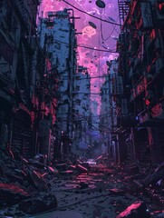 Neon Art of A post-apocalyptic world where the remnants of humanity live atop the ruins of ancient civilizations scavenging for lost technology.