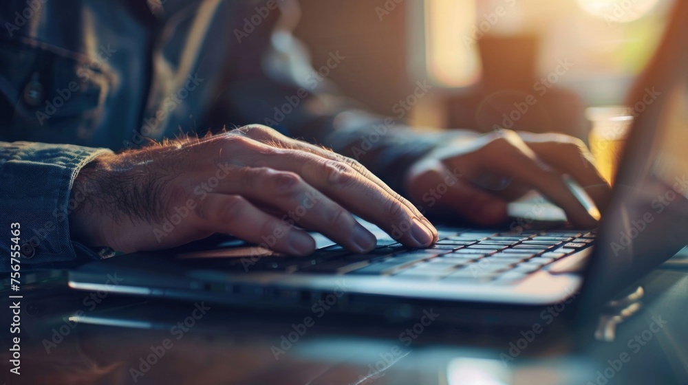 Poster close up of a person typing on a laptop, perfect for technology concepts