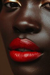 Close-up of beautiful female lips with red lipstick of an African American woman. Fashionable makeup