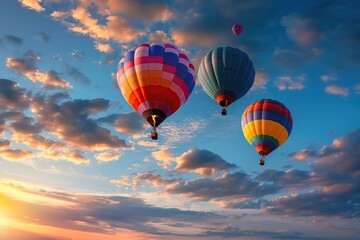 Obraz premium Hot air balloons in blue sky at sunset lights
