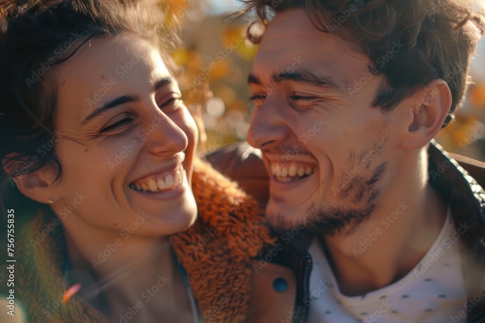Poster A picture of a man and a woman smiling at each other. Suitable for various concepts and themes