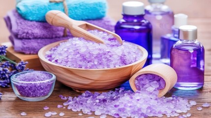a wooden bowl filled with lots of purple sea salt next to bottles of lavender essential oil and a wooden spoon.