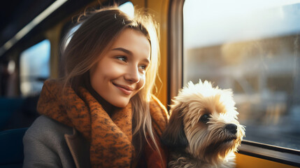 A young cheerful girl with a cute dog looks out the window during a sunny train ride, capturing a moment of joy and companionship