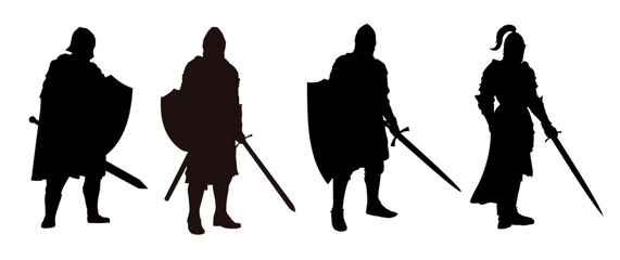 Set of silhouette of a medieval knight with a sword