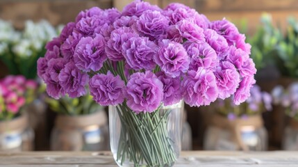 a vase filled with purple flowers sitting on top of a wooden table next to other vases filled with purple flowers.