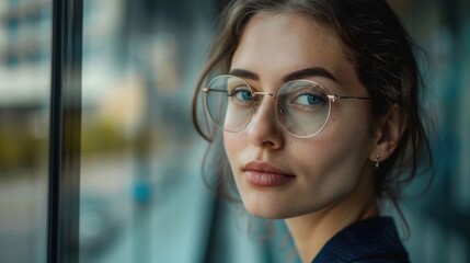A woman wearing glasses looking out a window. Suitable for various concepts and designs