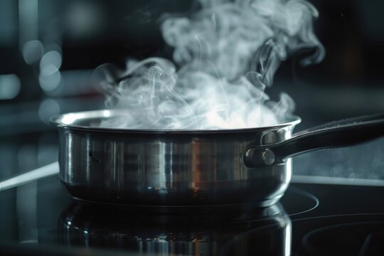 A pot with steam rising on a stove. Suitable for cooking concepts