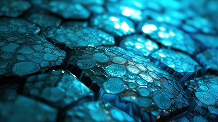 The image is a close up of a blue surface with many small bubbles