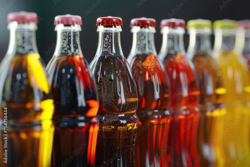 Poster a row of soda bottles on a table, perfect for advertising or beverage concepts