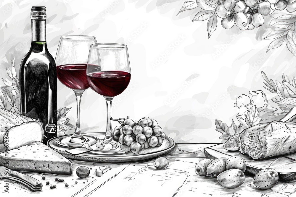 Aufkleber a drawing of a table set with wine and cheese. perfect for food and beverage concepts
