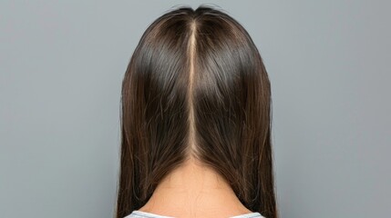 A close-up of the back of a woman's head with long brown hair. Suitable for hair care or beauty concepts