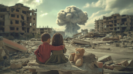 A young brother and sister sit atop a pile of rubble looking out across a war torn and devastated landscape of destroyed rubble and buildings. Distant nuclear bomb explosion. Mushroom plume - obrazy, fototapety, plakaty