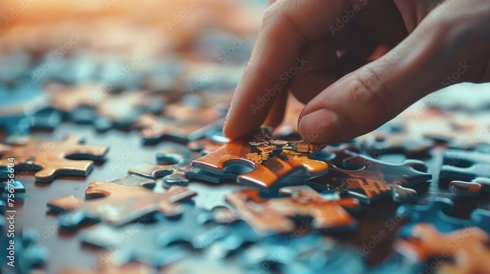 Aufkleber Person putting a piece of a puzzle together, ideal for illustrating problem solving concepts