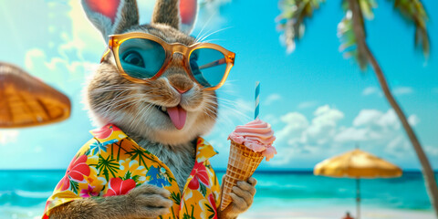 A bunny in sunglasses and Hawaiian shirt enjoys ice cream on the beach 