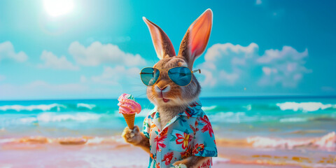 A bunny in sunglasses and Hawaiian shirt enjoys ice cream on the beach 